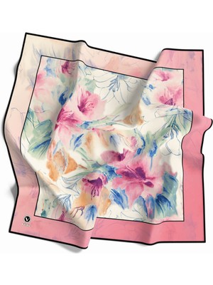 Violla Soft Twill Suluboya Çiçek Desenli Pembe Renkli 90X90 Eşarp (Ipek Içermez) Kenar Dikiş Şekli El Dikiş