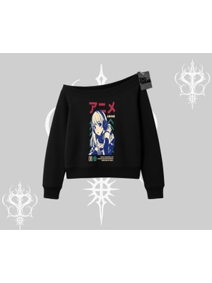 Kayık Yaka Sweatshirt Anime Kız Desenli Japon Tarzı