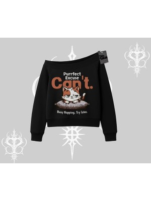 Kedi Baskılı Cant Busy Napping Y2K  Kayık Yaka Sweatshirt
