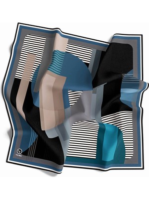 Violla Twill Çizgili ve Geometrik Desenli Petrol Mavisi Renkli 90X90 Eşarp (Ipek Içermez) Kenar Dikiş Şekl