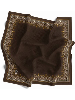Violla Twill Yumuşak Dokulu Kenar Motifi Şal Desenli Kahverengi Renkli 90X90 Eşarp (Ipek Içermez) Dikim Şek