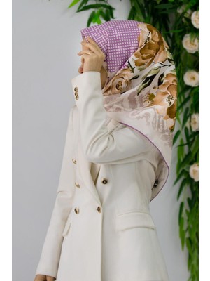 Violla Twill Çiçek Desenli Lila Renkli 90X90 Eşarp (Ipek Içermez) Kenar Dikiş Şekli El Dikişli