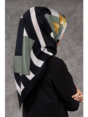 Violla Twill Çizgili ve Gold Desenli Siyah - Haki Renkli 90X90 Eşarp (Ipek Içermez) Kenar Dikiş Şekli El Di