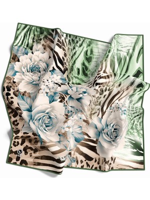 Violla Twill Renkli Şerit Desenli Mint Yeşili - Bej Renkli 90X90 Eşarp (Ipek Içermez) Kenar Dikiş Şekli El