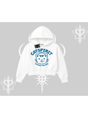 Catspirit Sunday Brave Feline Yazılı Kedi Baskılı Kapşonlu Crop Sweatshirt