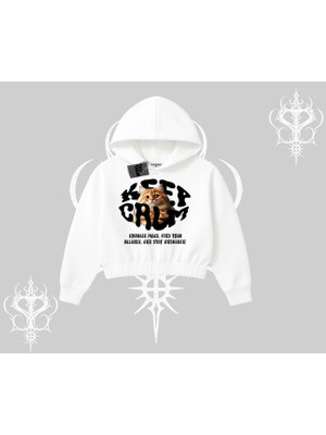 Keep Calm Yazılı Kedi Baskılı Streetwear Kapşonlu Crop Sweatshirt