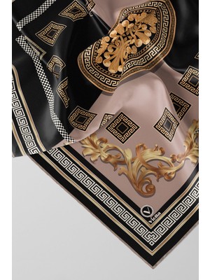 Violla Twill Barok Desenli Bej Renkli 90X90 Eşarp (Ipek Içermez) Kenar Dikiş Şekli El Dikişli