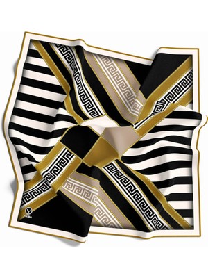 Violla Twill Çizgili Geometrik Desenli Hardal Renkli 90X90 Eşarp (Ipek Içermez) Kenar Dikiş Şekli El Dikişl