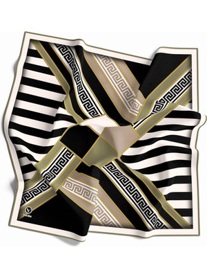 Violla Twill Çizgili Geometrik Desenli Haki Renkli 90X90 Eşarp (Ipek Içermez) Kenar Dikiş Şekli El Dikişli