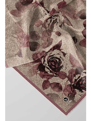 Violla Twill Gül Desenli Pudra Renkli 90X90 Eşarp (Ipek Içermez) Kenar Dikiş Şekli El Dikişli