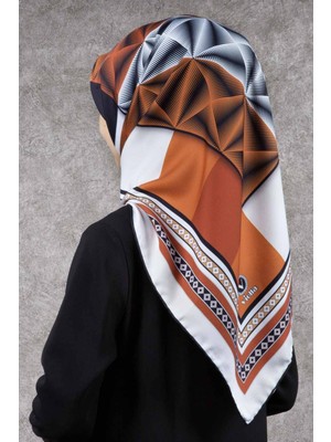 Violla Twill Geometrik Desenli Taba - Krem Renkli 90X90 Eşarp (Ipek Içermez) Kenar Dikiş Şekli El Dikişli