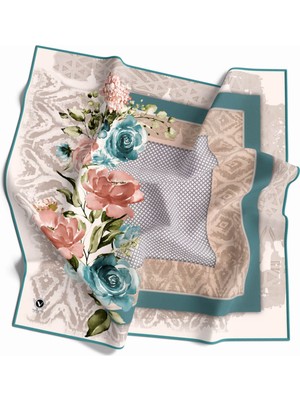 Violla Twill Çiçek Desenli Pudra Renkli 90X90 Eşarp (Ipek Içermez) Kenar Dikiş Şekli El Dikişli