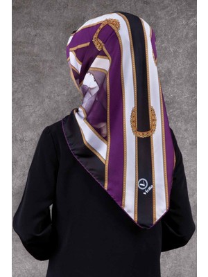 Violla Twill Kemerli ve Çiçek Desenli Siyah - Mürdüm Renkli 90X90 Eşarp (Ipek Içermez) Kenar Dikiş Şekli El