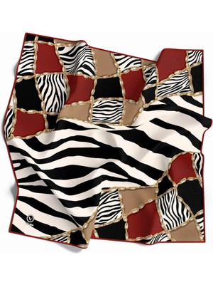 Violla Twill Zincirli ve Zebra Desenli Kırmızı Renkli 90X90 Eşarp (Ipek Içermez) Kenar Dikiş Şekli El Dikiş