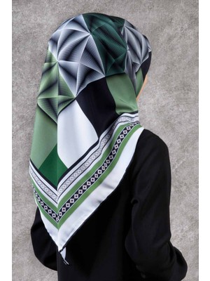 Violla Twill Geometrik Desenli Benetton Yeşili - Krem Renkli 90X90 Eşarp (Ipek Içermez) Kenar Dikiş Şekli E