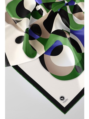 Violla Twill Geometrik Desenli Zümrüt Yeşili - Saks Renkli 90X90 Eşarp (Ipek Içermez) Kenar Dikiş Şekli El