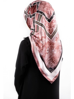 Violla Twill Geometrik Desenli Pudra Renkli 90X90 Eşarp (Ipek Içermez) Kenar Dikiş Şekli El Dikişli