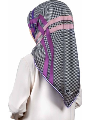 Violla Twill Çizgili Pötikareli Çizgili Desenli Mor - Pembe Renkli 90X90 Eşarp (Ipek Içermez)