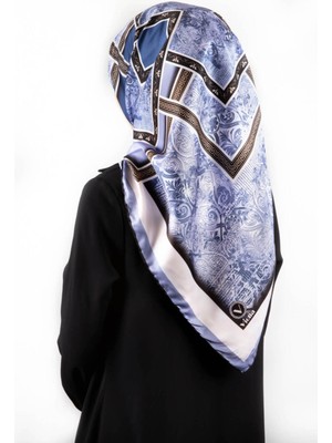 Violla Twill Geometrik Desenli Indigo Renkli 90X90 Eşarp (Ipek Içermez) Kenar Dikiş Şekli El Dikişli