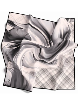 Violla Twill Dalga ve Ekose Desenli Gri Renkli 90X90 Eşarp (Ipek Içermez)Kenar Dikiş Şekli El Dikişli