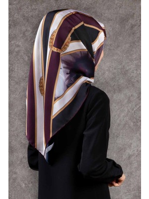 Violla Twill Kemerli ve Çiçek Desenli Siyah - Bordo Renkli 90X90 Eşarp (Ipek Içermez) Kenar Dikiş Şekli El