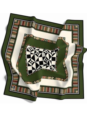 Violla Kristal Geometrik Desenli Haki - Krem Renkli 90X90 Dikim Şekli : El Dikişi Eşarp (Ipek Içermez)