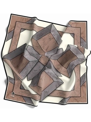 Violla Kristal Mermer Desenli Gri - Bej Renkli 90X90 Eşarp (Ipek Içermez) Kenar Dikiş Şekli El Dikişli