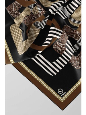 Violla Twill Geometrik Desenli Taba Renkli 90X90 Eşarp (Ipek Içermez) Kenar Dikiş Şekli El Dikişli