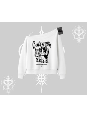 Cute Kitten Yazılı Sevimli Kedi Baskılı Kayık Yaka Sweatshirt