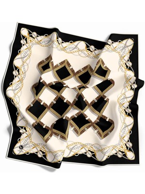 Violla Twill Kemer ve Zincir Desenli Siyah Renkli 90X90 Eşarp (Ipek Içermez) Kenar Dikiş Şekli El Dikişli