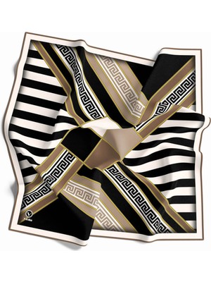 Violla Twill Çizgili Geometrik Desenli Vizon Renkli 90X90 Eşarp (Ipek Içermez) Kenar Dikiş Şekli El Dikişli