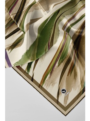 Violla Twill Fırça Desenli Haki Yeşili - Bej Renkli 90X90 Eşarp (Ipek Içermez) Kenar Dikiş Şekli El Dikişli