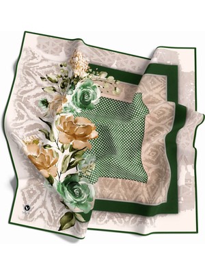 Violla Twill Çiçek Desenli Zümrüt Yeşili Renkli 90X90 Eşarp (Ipek Içermez) Kenar Dikiş Şekli El Dikişli