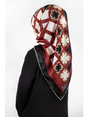 Violla Twill Gold Detaylı Kare Desenli Bordo - Siyah Renkli 90X90 Eşarp (Ipek Içermez) Kenar Dikiş Şekli El