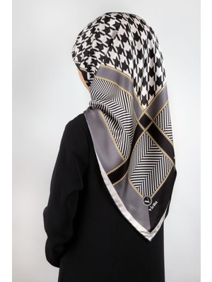 Violla Twill Kazayağı Desenli Gri Renkli 90X90 Eşarp (Ipek Içermez) Kenar Dikiş Şekli El Dikişli