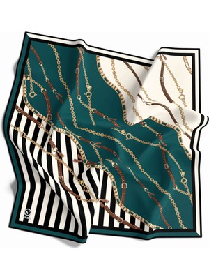 Violla Twill Çizgili Zincir ve Kemer Desenli Petrol Yeşili Renkli 90X90 Eşarp (Ipek Içermez) Kenar Dikiş Şe