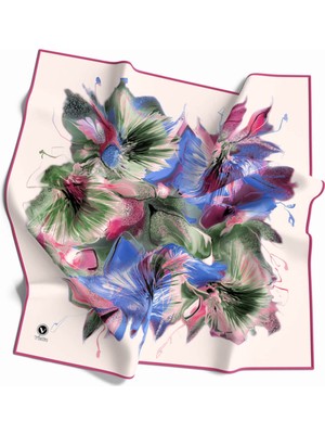 Violla Twill Çiçek Desenli Pembe - Saks Renkli 90X90 Eşarp (Ipek Içermez) Kenar Dikiş Şekli El Dikişli