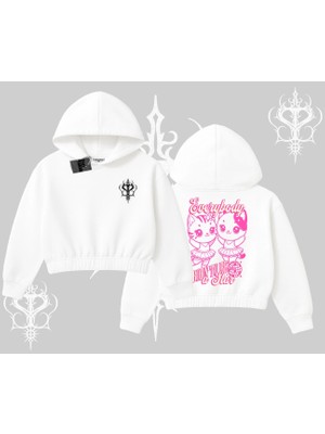 Born To Be A Star Yazılı Sevimli Kedi Arka Baskılı Kapşonlu Crop Sweatshirt