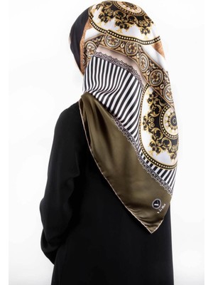 Violla Twill Çizgili ve Barok Desenli Haki Renkli 90X90 Eşarp (Ipek Içermez) Kenar Dikiş Şekli El Dikişli