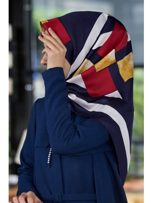 Violla Twill Çizgili ve Gold Desenli Lacivert - Krem Renkli 90X90 Eşarp (Ipek Içermez) Kenar Dikiş Şekli El