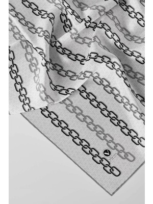 Violla Twill Zincir Desenli Gümüş - Gri Renkli 90X90 Eşarp (Ipek Içermez) Kenar Dikiş Şekli El Dikişli