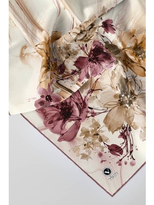 Violla Twill Çiçek Desenli Gül Kurusu Renkli 90X90 Eşarp (Ipek Içermez) Kenar Dikiş Şekli El Dikişli