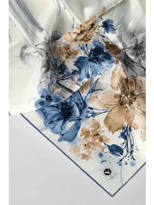 Violla Twill Çiçek Desenli Indigo Renkli 90X90 Eşarp (Ipek Içermez) Kenar Dikiş Şekli El Dikişli