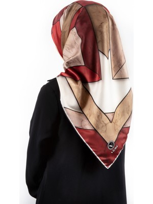 Violla Rayon Mermer Desenli Bordo - Bej Renkli 90X90 Eşarp (Ipek Içermez) Kenar Dikiş Şekli El Dikişli