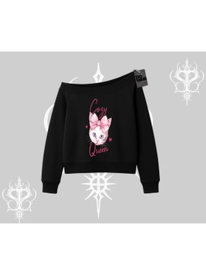 Cozy Queen Kedi Baskılı Kayık Yaka Sweatshirt