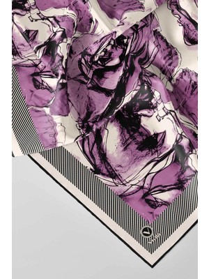 Violla Twill Gül Yaprak Desenli Lila Renkli 90X90 Eşarp (Ipek Içermez) Kenar Dikiş Şekli El Dikişli