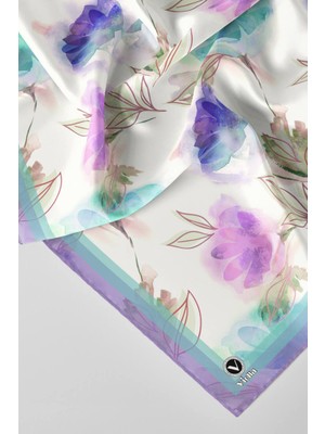 Violla Twill Suluboya Çiçek Desenli Mint Yeşili Renkli 90X90 Eşarp (Ipek Içermez) Kenar Dikiş Şekli El Diki