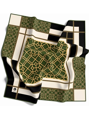 Violla Twill Geometrik ve Gold Desenli Haki Yeşili Renkli 90X90 Eşarp (Ipek Içermez) Kenar Dikiş Şekli El D