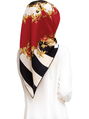 Violla Twill Çizgili Barok Desenli Kırmızı Renkli 90X90 Eşarp (Ipek Içermez)