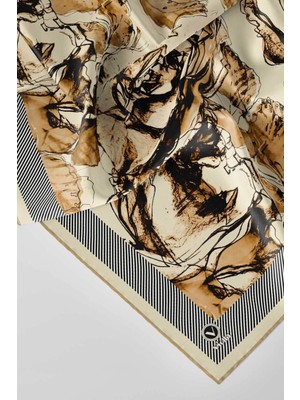 Violla Twill Gül Yaprak Desenli Bej Renkli 90X90 Eşarp (Ipek Içermez) Kenar Dikiş Şekli El Dikişli